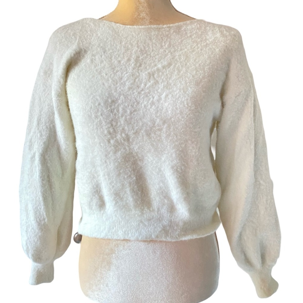 Forever 21 Womens Ivory White Fuzzy Sweater Open Tied Back Long Sleeve S Small